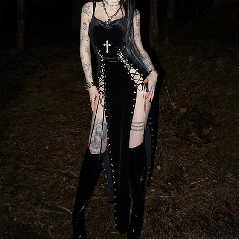Cross Lace-Up Gothic Maxi Dress
