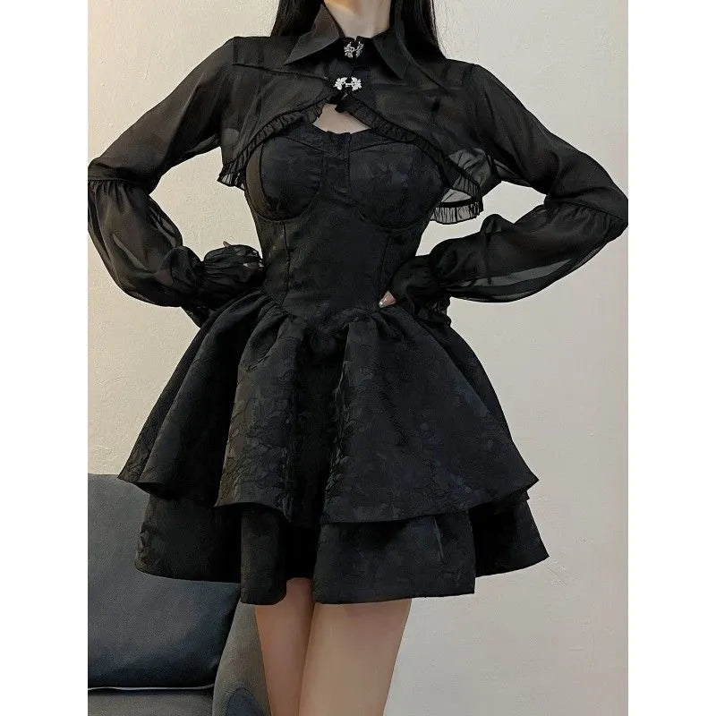 HOUZHOU Black Sexy Lolita Dress Women Gothic Vintage Mini Dresses Harajuku Long Sleeve Fairy Two-piece Dresses Party Dress Sets Black / L
