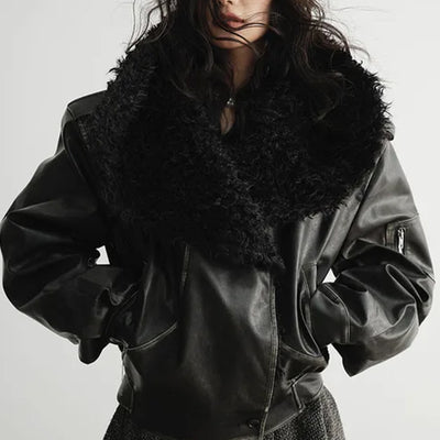 Women's Faux Fur Leather Jacket Black