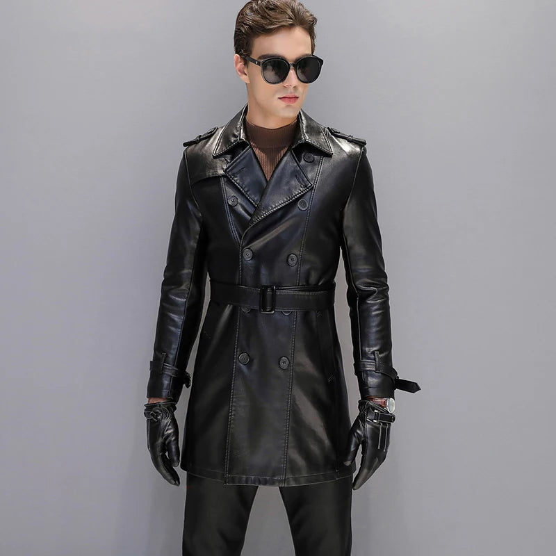 Men's Leather Trench Coat Black