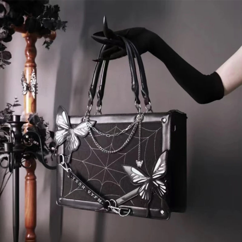 Butterfly Spider Web Bag in black — front view