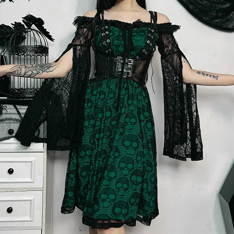 green skull dress Whyspr Y2K Gothic Butterfly & Skull Print Plus Size Waist Cinched A-Line Ruffle Hem Short Sleeve Dress