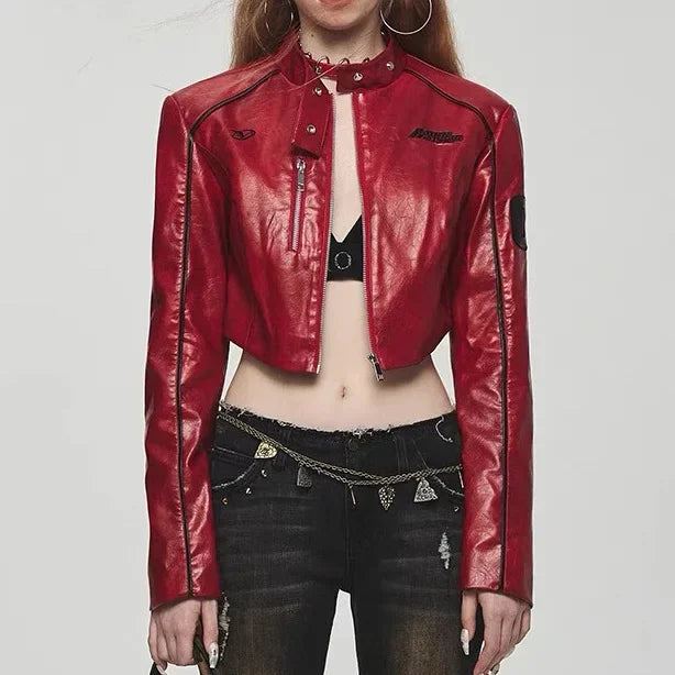 Women's Motorcycle Leather Jacket Red