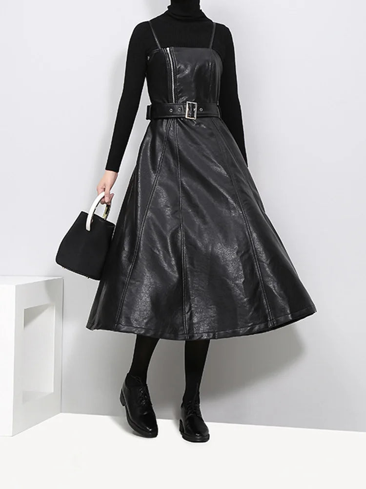 Women's Long Leather Dress Black