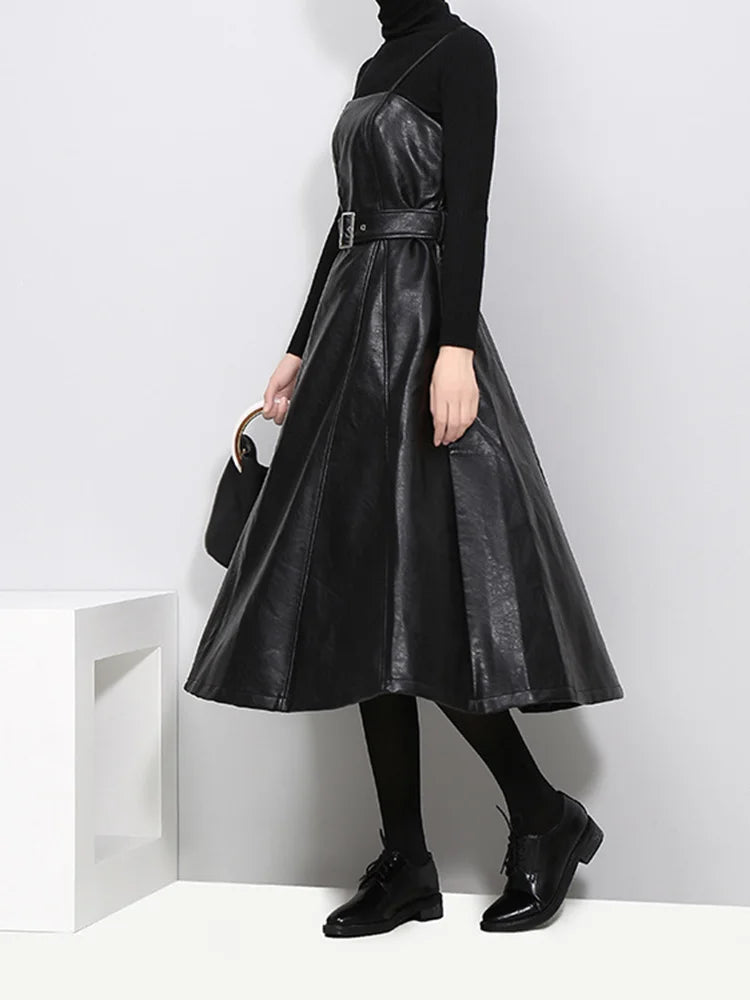 Women's Long Leather Dress Black