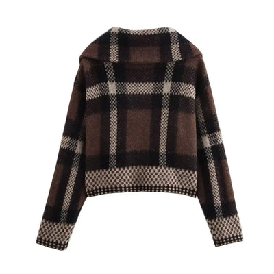 Women's Plaid Knitted Cardigan Brown