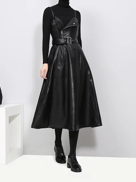 Women's Long Leather Dress Black