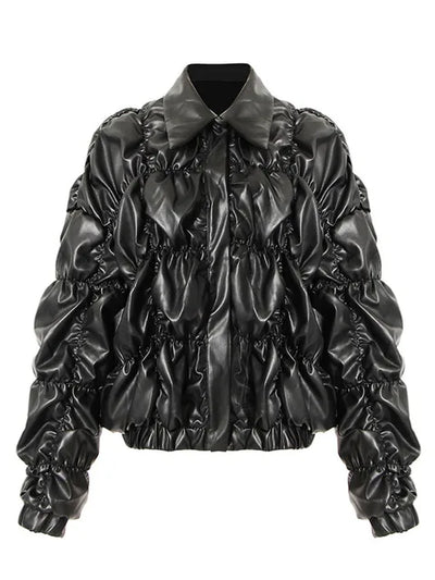 Women's Leather Puffer Jacket Black