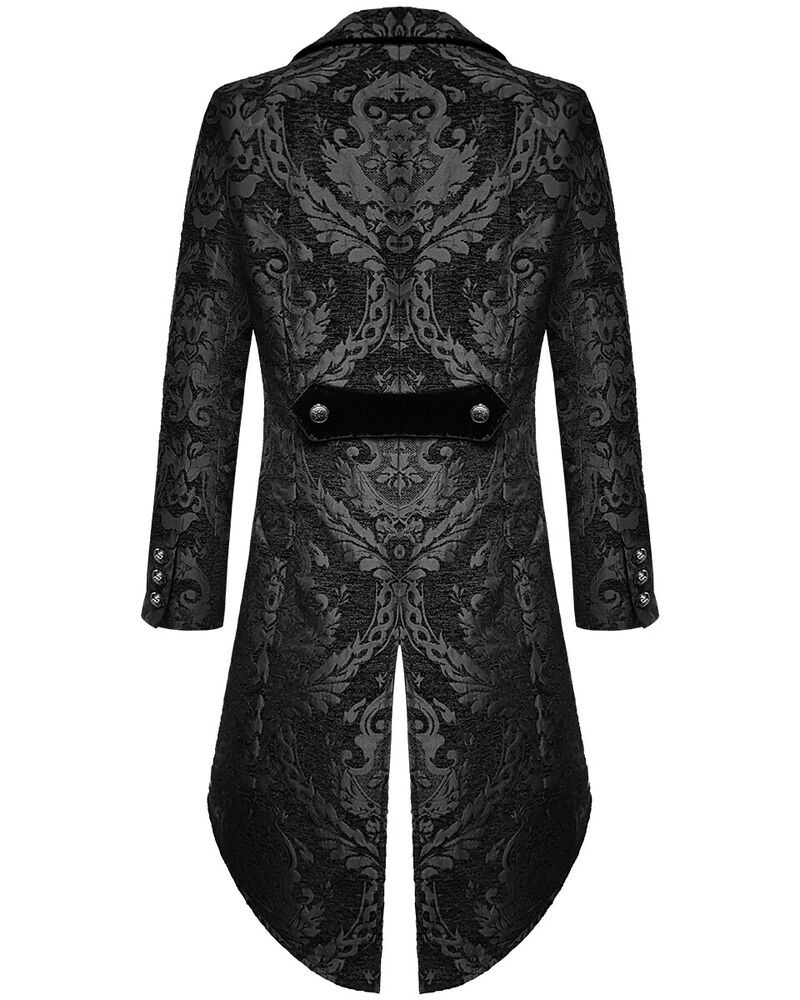 Back view with velvet half-belt and vented tails