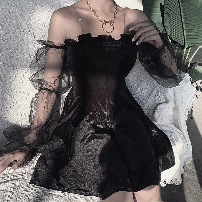goth mini dress Lace Mullet Witch mini dress in gothic black with velvet and lace The Bubble Goth Mini Dress