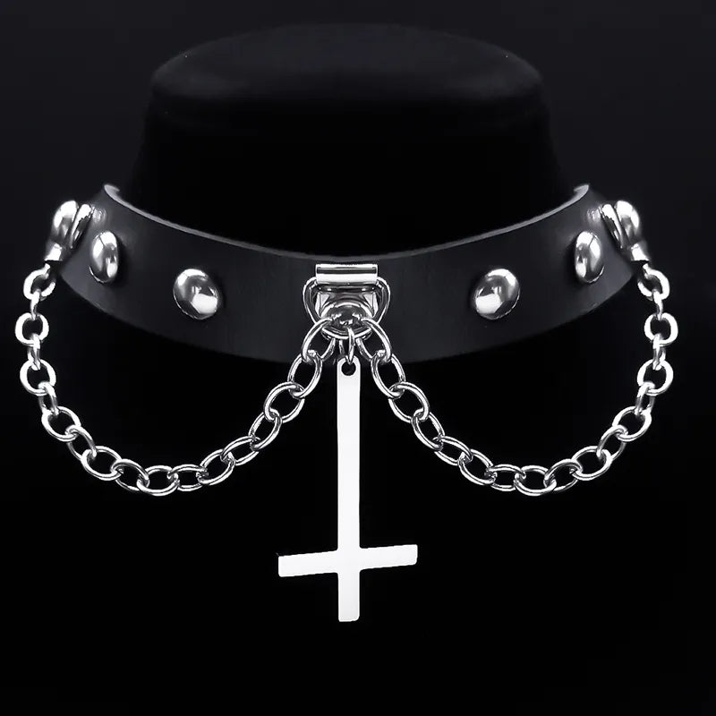 Choker In Pelle Con Gatto E Cristalli - Stile Punk Goth Rockabilly - Fatto A Mano - Foto 5