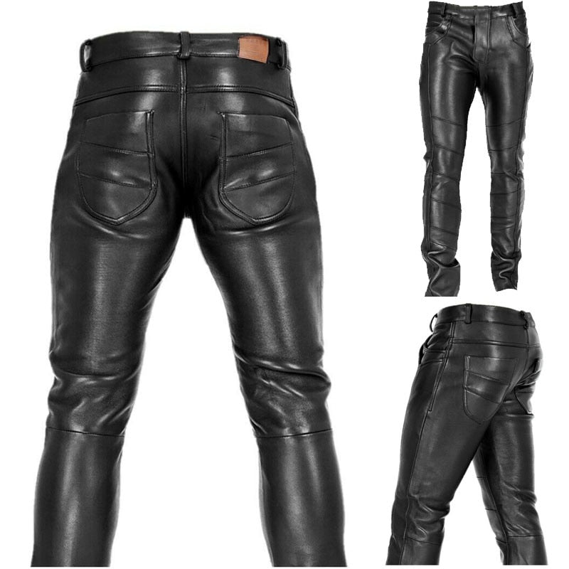 Men’s motorcycle leather pants — Front view — black faux leather pants