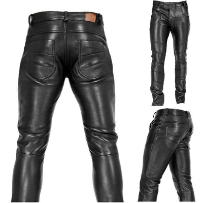 Front view — black faux leather pants