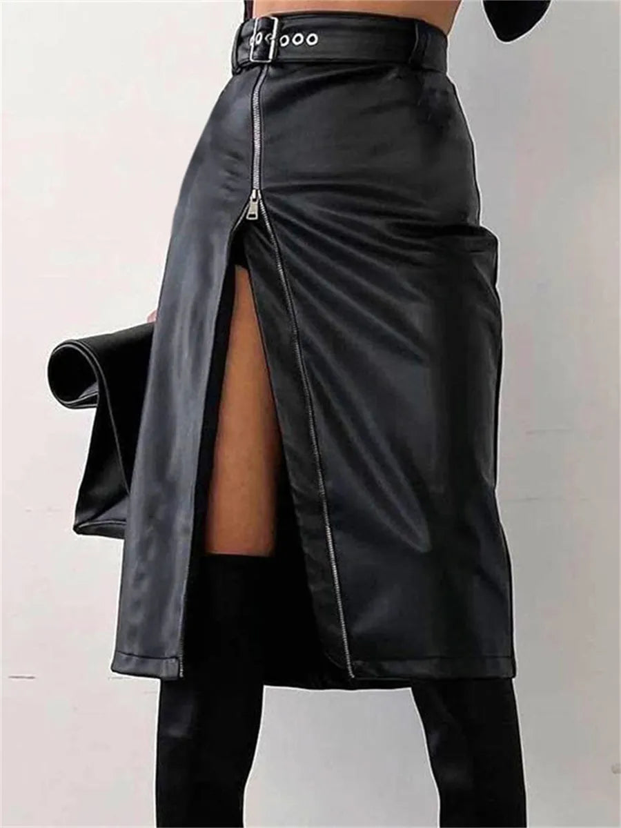 Women’s black PU leather pencil skirt — side and split detail