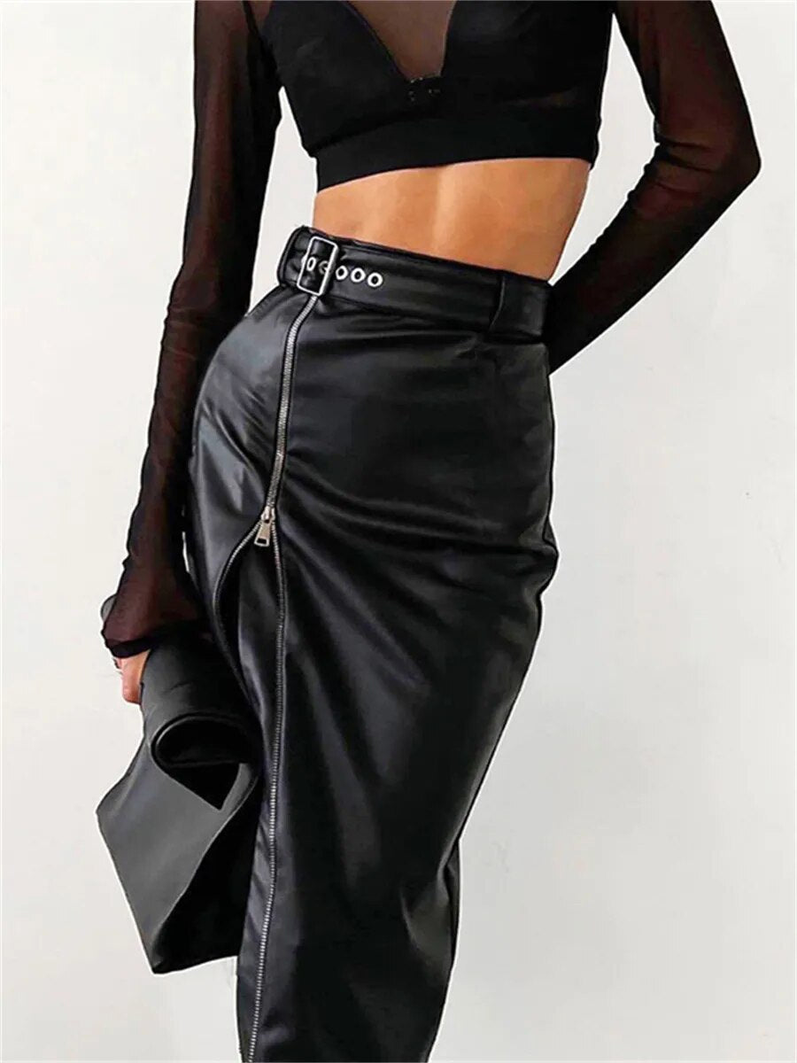 Women’s black PU leather pencil skirt — styled view
